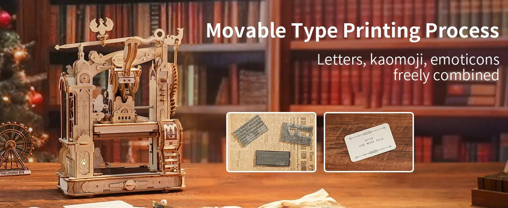 Wooden Printing Press Mechanical Gears Model Kit - Model to assemble