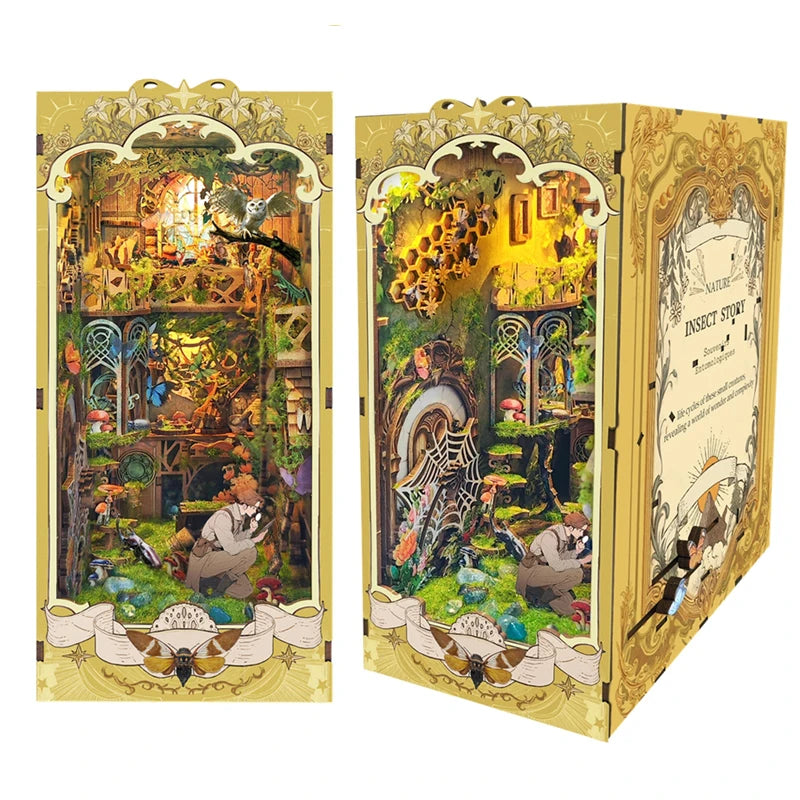 DIY Book Nook Insert Shelf Kits Wooden Miniature Building Kit The Records of Insects Bookend Bookshelf Home Decoration - Model to assemble