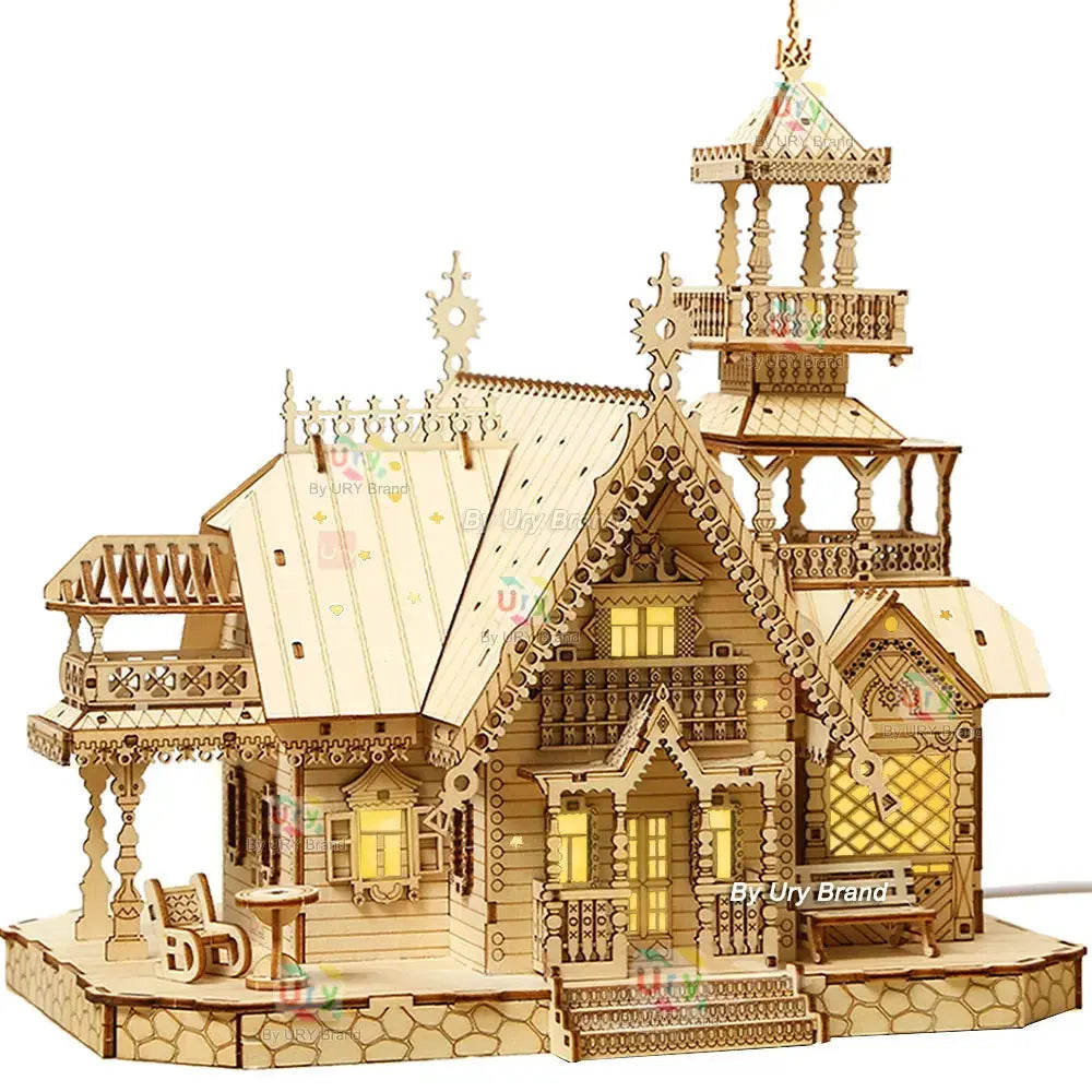 3D Wooden Puzzle Villa House Royal Castle with Light Assembly Model to assemble