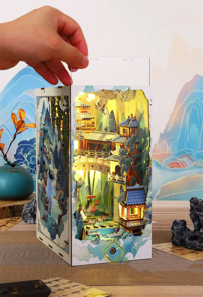 DIY Wooden Book Nook Shelf Insert Kits Miniature Model Kit Penglai Wonderland Casa Bookshelf Assembled Bookends Friends Gifts Model to assemble