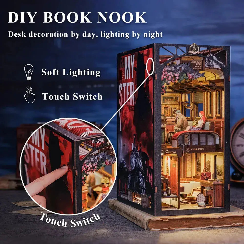Detective, Train Mystery Wooden Dollhouse, Touch Light, Dust Cover, Bookshelf Insert, - Model to assemble
