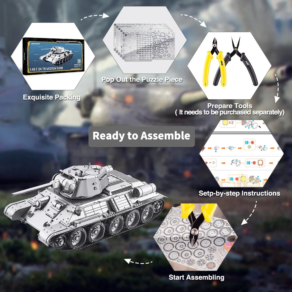 Piececool 3D Metal Puzzle T-34/76 Medium Tank Diy Jigsaw Toy for Adult Brain Teaser Assembly Model for Collection Model to assemble