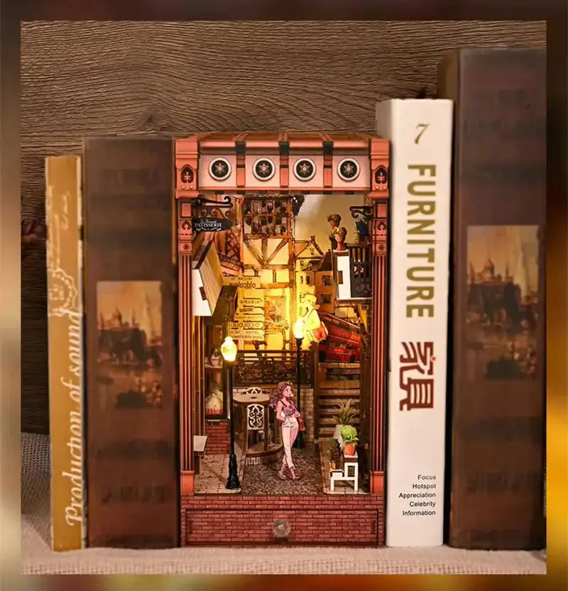 European Street DIY Book Nook Kit with LED Light – Wooden Miniature Bookshelf Insert Model to assemble