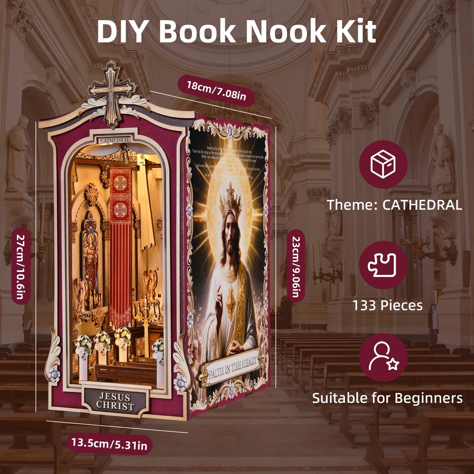 Book Nook Kit Cathedral DIY 3D Puzzle Classic Wooden Nativity Scene Ornament Bookshelf Dollhouse Model Bookend Building Home Dec Model to assemble