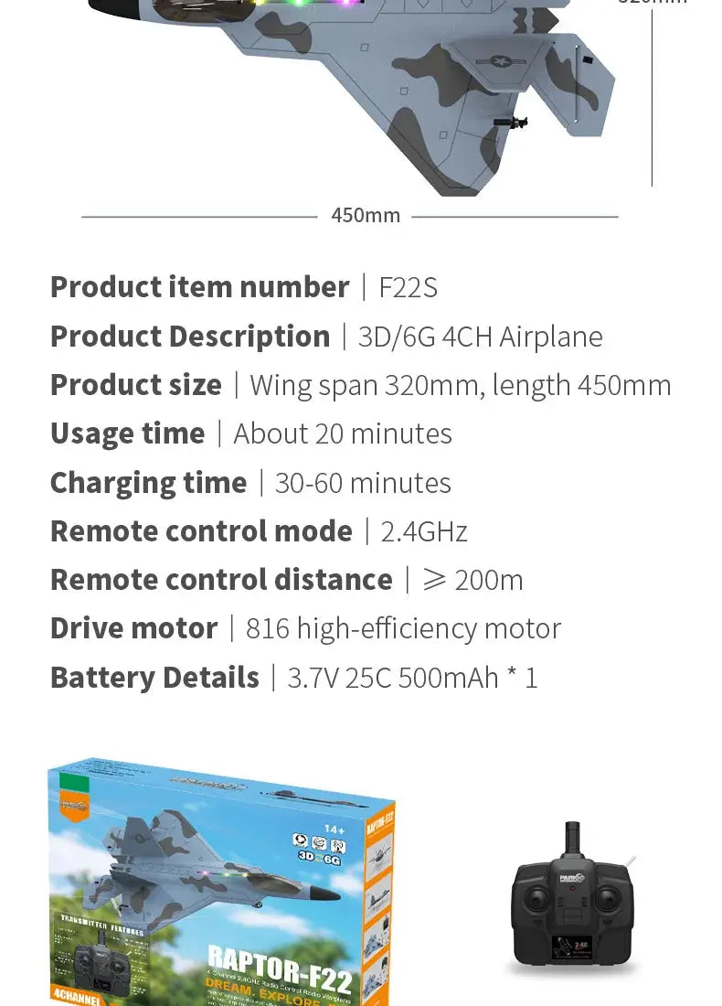 F22S Raptor RC Airplane – 4CH 2.4GHz Remote Control Fighter Jet with 3D/6G Gyroscope, LED Lights & Easy Flight Control Model to assemble