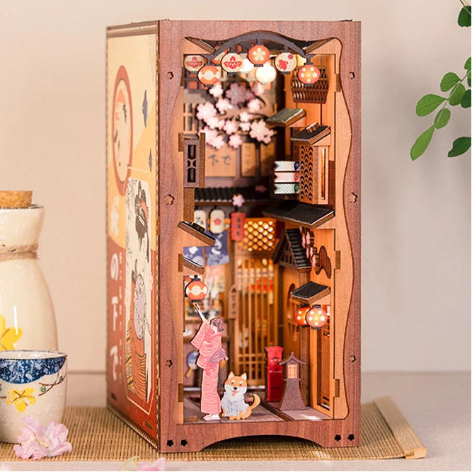 CUTEBEE DIY Book Nook Wooden Bookshelf Insert Miniature House Booknook Sakura Model Kits Collection Toy for Birthday Gifts Model to assemble
