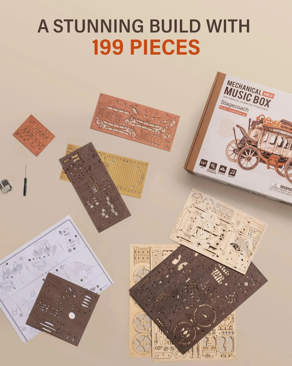 Wooden Stagecoach Music Box Model Kit - Model to assemble