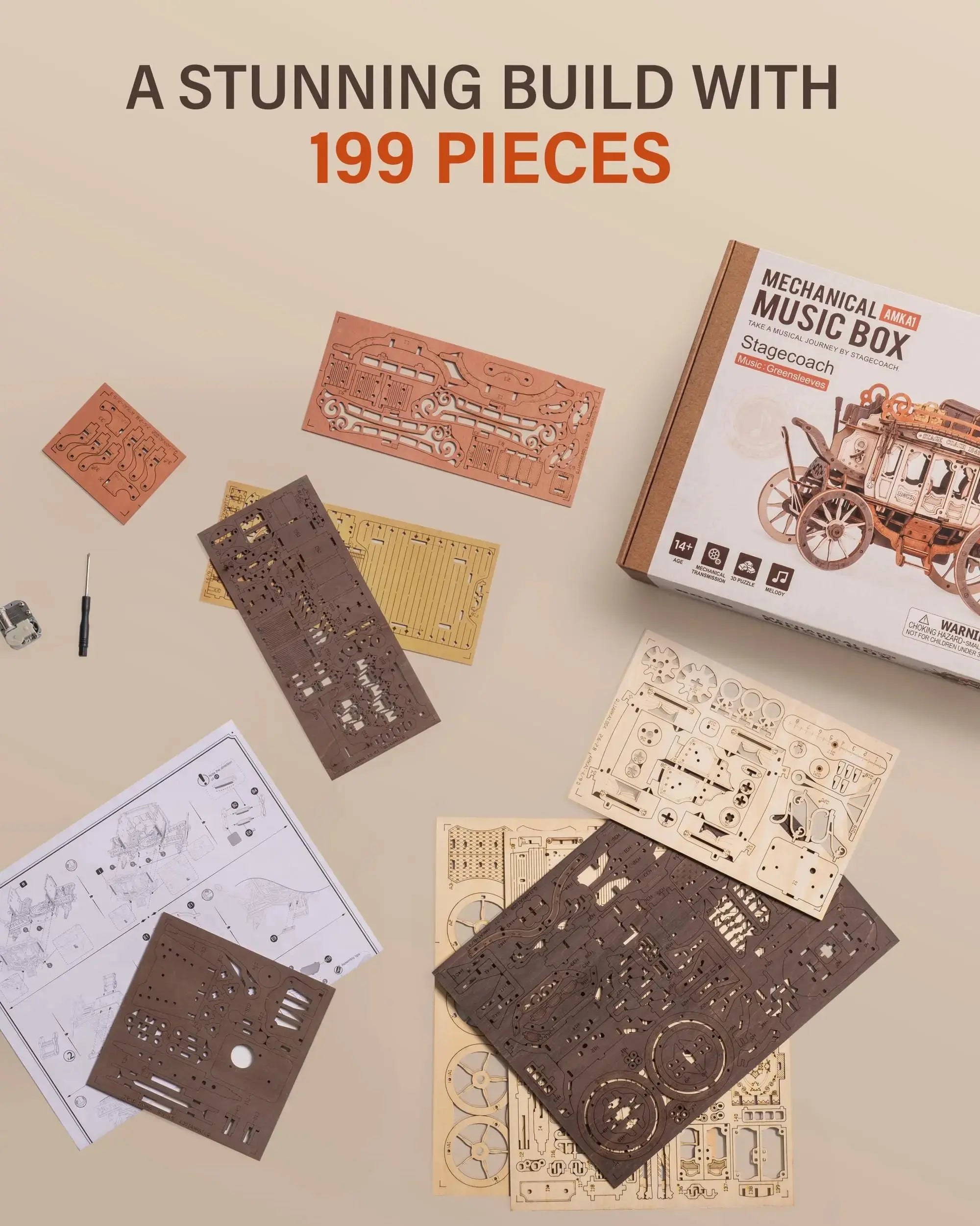 Wooden Stagecoach Music Box Model Kit - Model to assemble