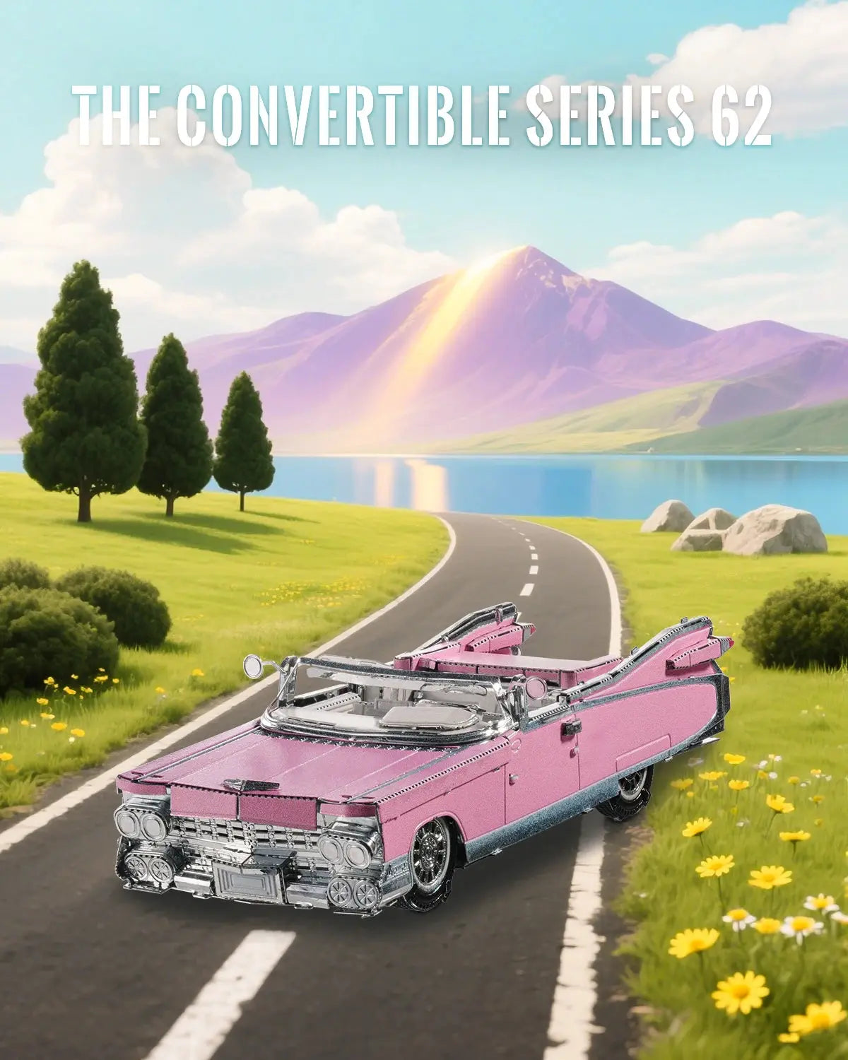 Classic Pink Cabriolet Fridge Magnet 3D Metal Model Kit - Model to assemble