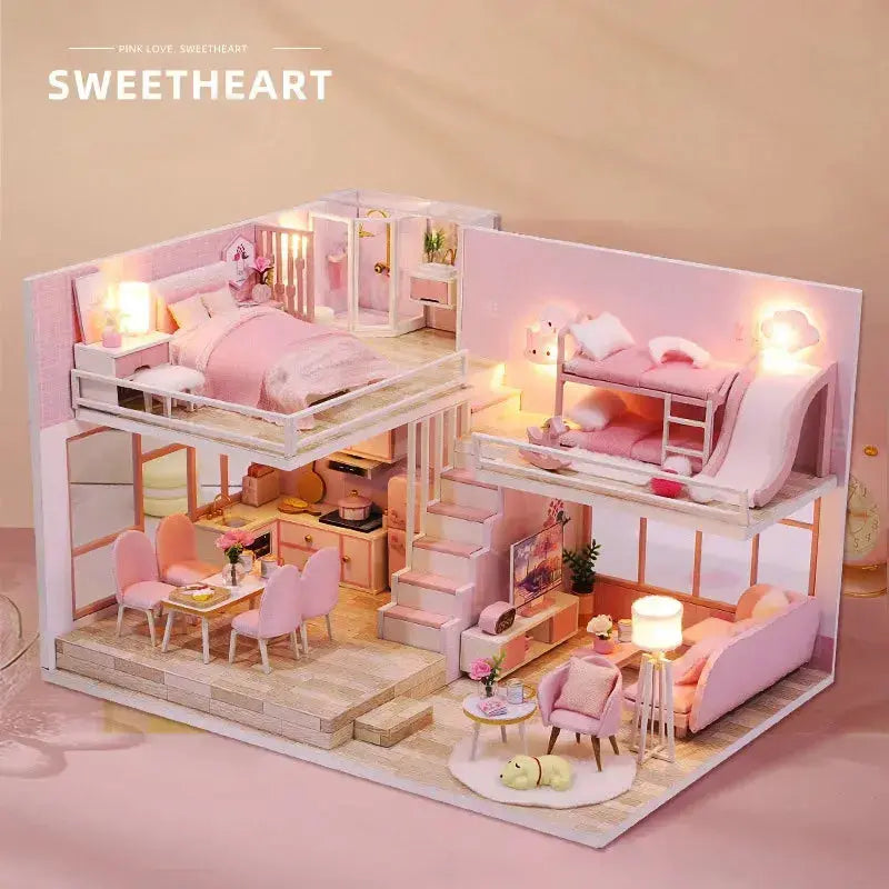 Pink Doll House With Furniture Light - Model to assemble