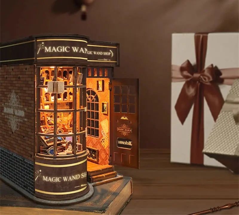 Retro Magic Wand Store DIY Wooden Book Nook Figurines Miniature Kits Bookshelf Home Bookend Decoration For Adult Handmade Gifts - Model to assemble