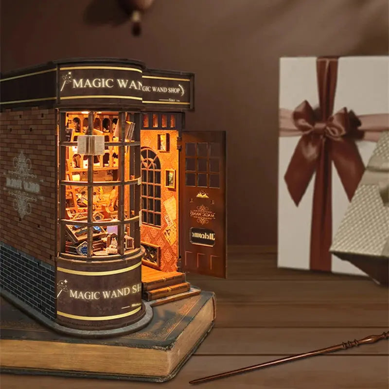 Retro Magic Wand Store DIY Wooden Book Nook Figurines Miniature Kits Bookshelf Home Bookend Decoration For Adult Handmade Gifts - Model to assemble