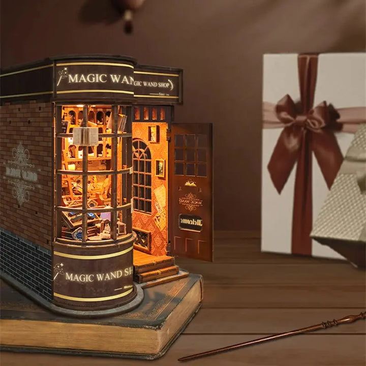 Retro Magic Wand Store DIY Wooden Book Nook Figurines Miniature Kits Bookshelf Home Bookend Decoration For Adult Handmade Gifts - Model to assemble