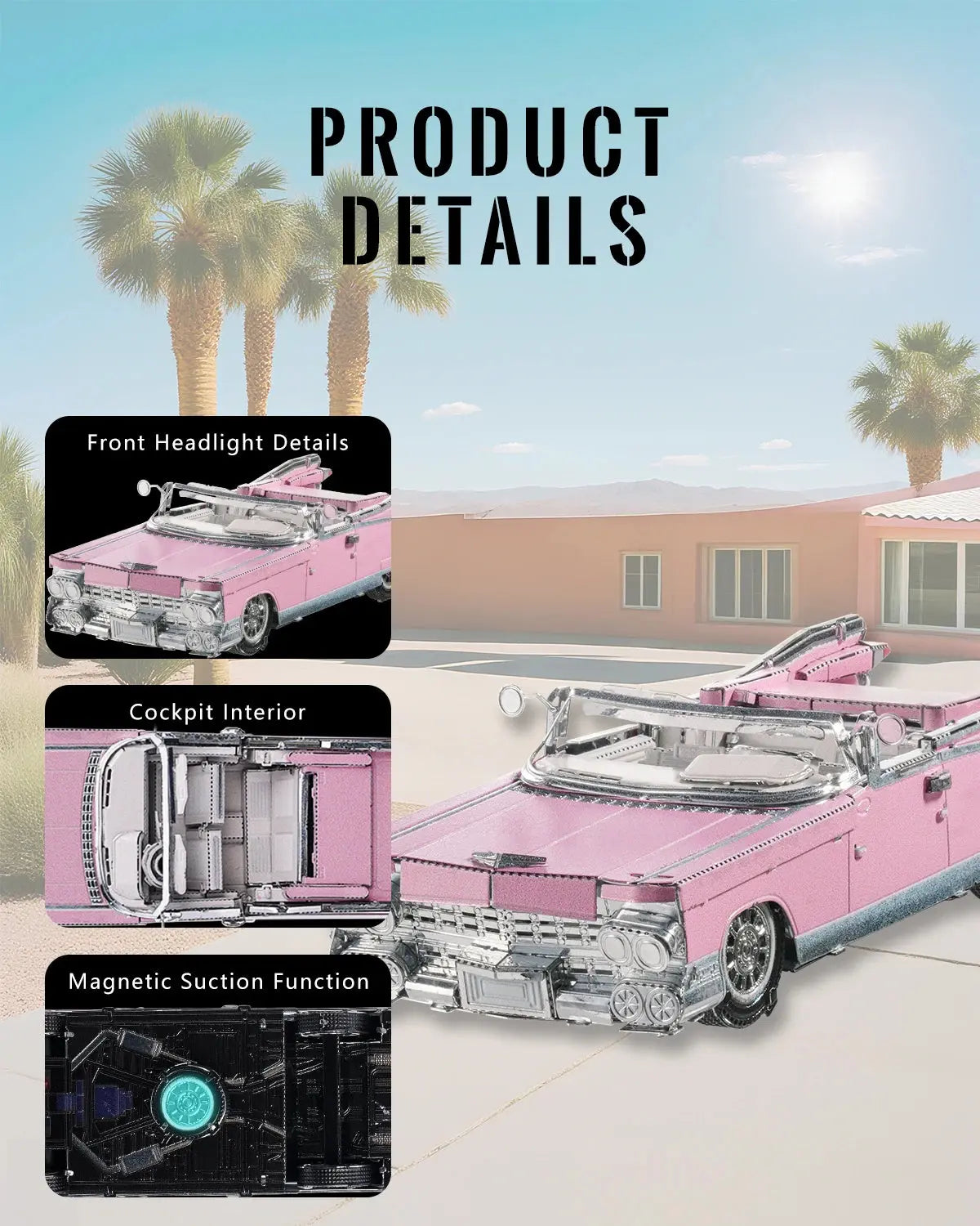 Classic Pink Cabriolet Fridge Magnet 3D Metal Model Kit - Model to assemble