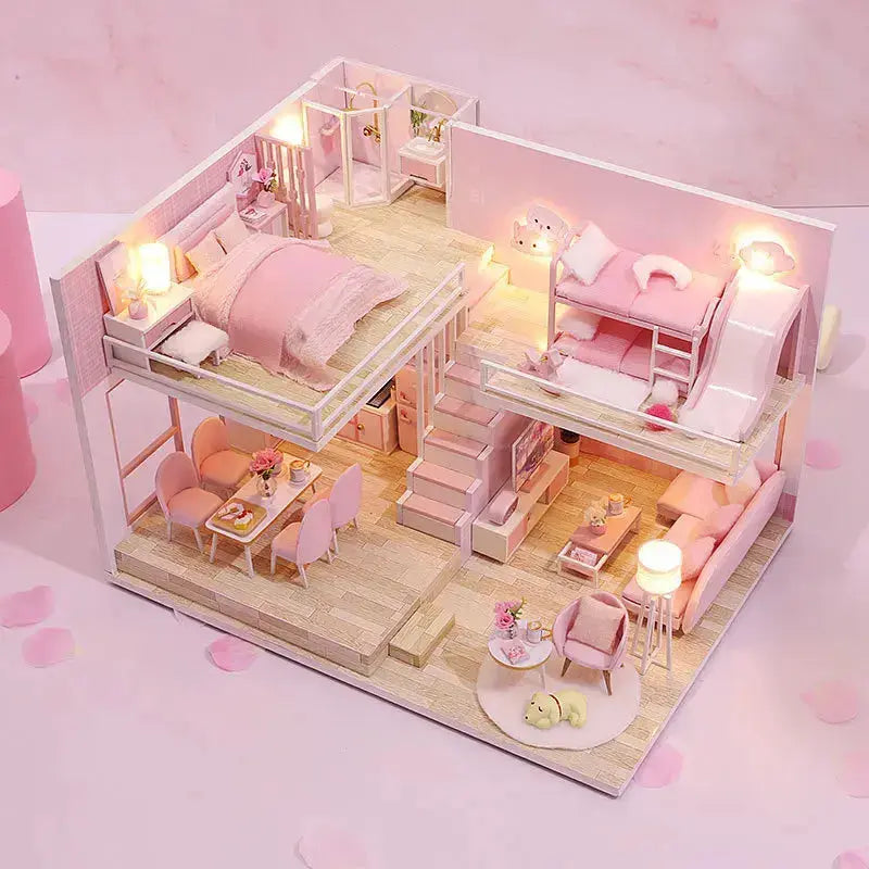 Pink Doll House With Furniture Light - Model to assemble
