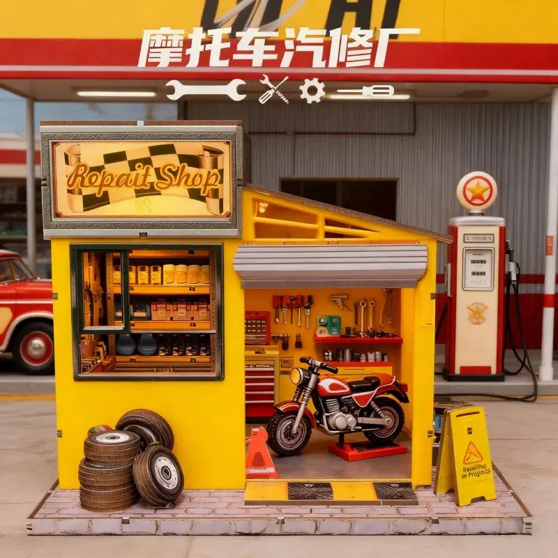Vintage Motorcycle Garage Workshop Model - Model to assemble