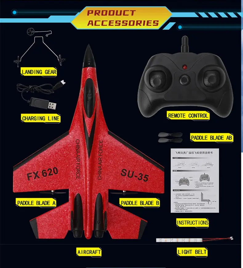 SU-35 RC Fighter Jet Foam Glider – 2.4G Remote Control Fixed Wing Airplane for Kids & Hobbyists - Model to assemble