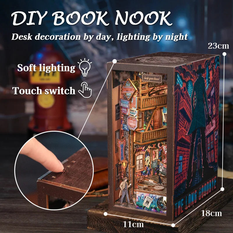 CUTEBEE DIY Dollhouse Miniature Model Book Nook Kit with Dust Cover Detective Home Decoration for Birthday Gift The Long Goodbye Model to assemble