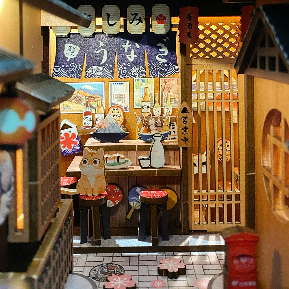 CUTEBEE DIY Book Nook Wooden Bookshelf Insert Miniature House Booknook Sakura Model Kits Collection Toy for Birthday Gifts Model to assemble