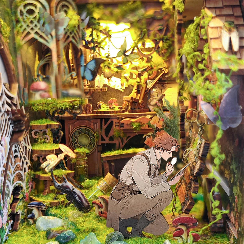 DIY Book Nook Insert Shelf Kits Wooden Miniature Building Kit The Records of Insects Bookend Bookshelf Home Decoration - Model to assemble