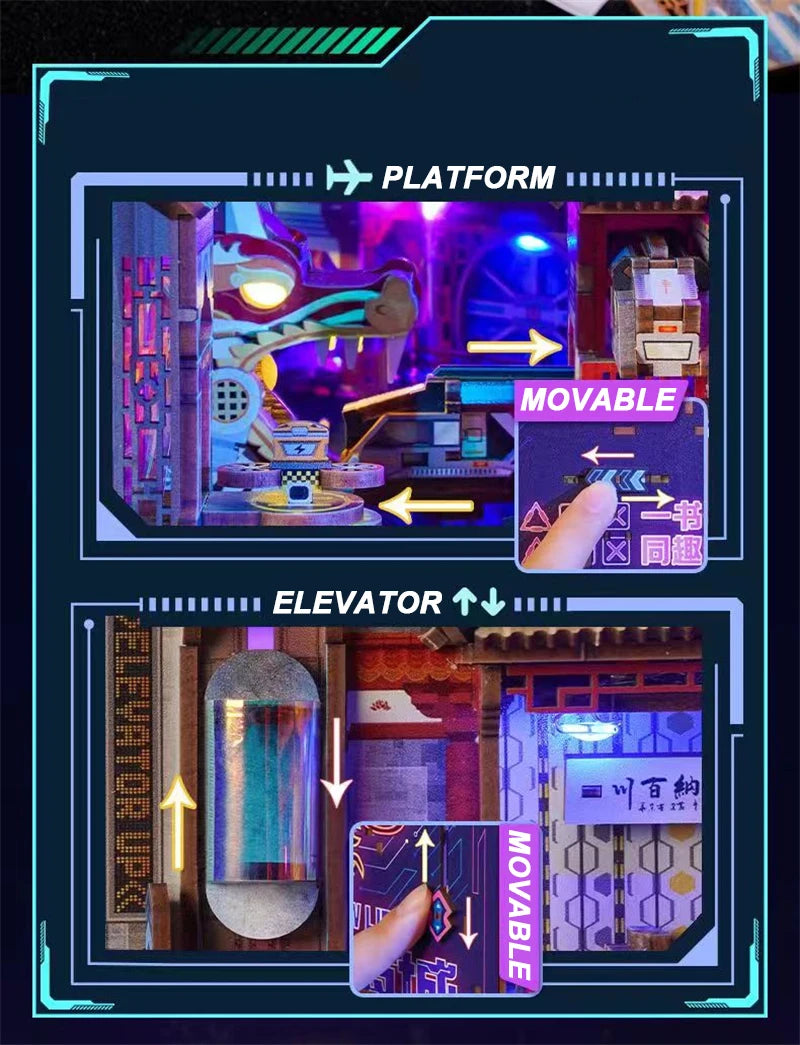Retro Cyber City Wooden DIY Book Nook Figurines Miniature Kits Bookshelf Home Bookend Decoration For Adult Handmade Gifts Model to assemble