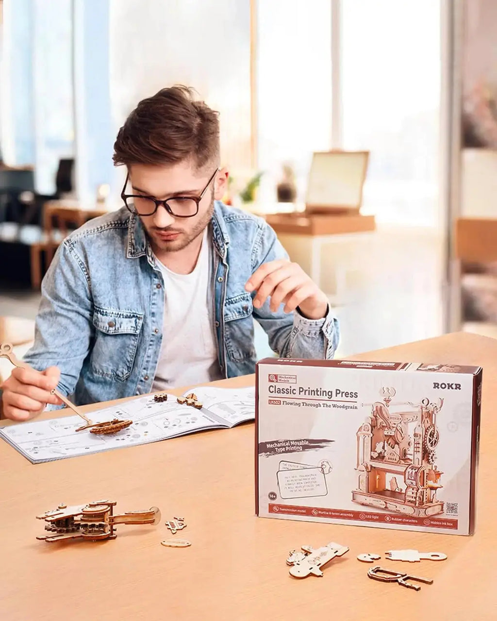 Wooden Printing Press Mechanical Gears Model Kit - Model to assemble