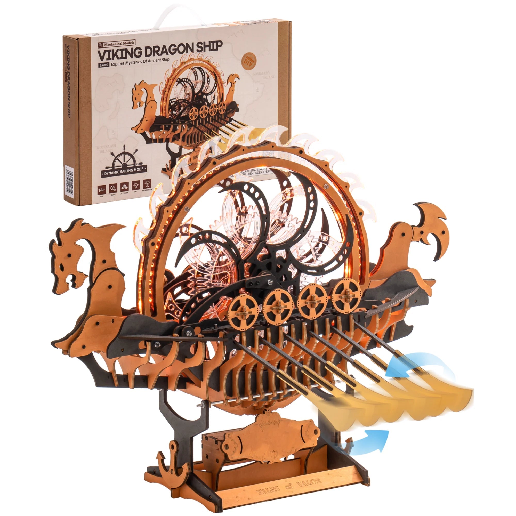 ROKR Wooden 3D Puzzle Viking Dragon Ship Mechanical Model Building Kit for Home Decor 229-Piece Puzzle Toy with LED Light for Bookshelf Decor Gift for Adults Kids Model to assemble