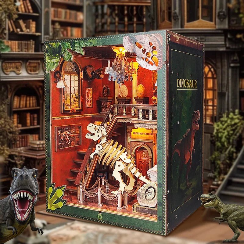 DIY Book Nook Wooden Miniature Model Kits Dinosaur Museum Casa Bookend 3D Puzzle With Light Bookshelf for Friends Birthday Gifts Model to assemble
