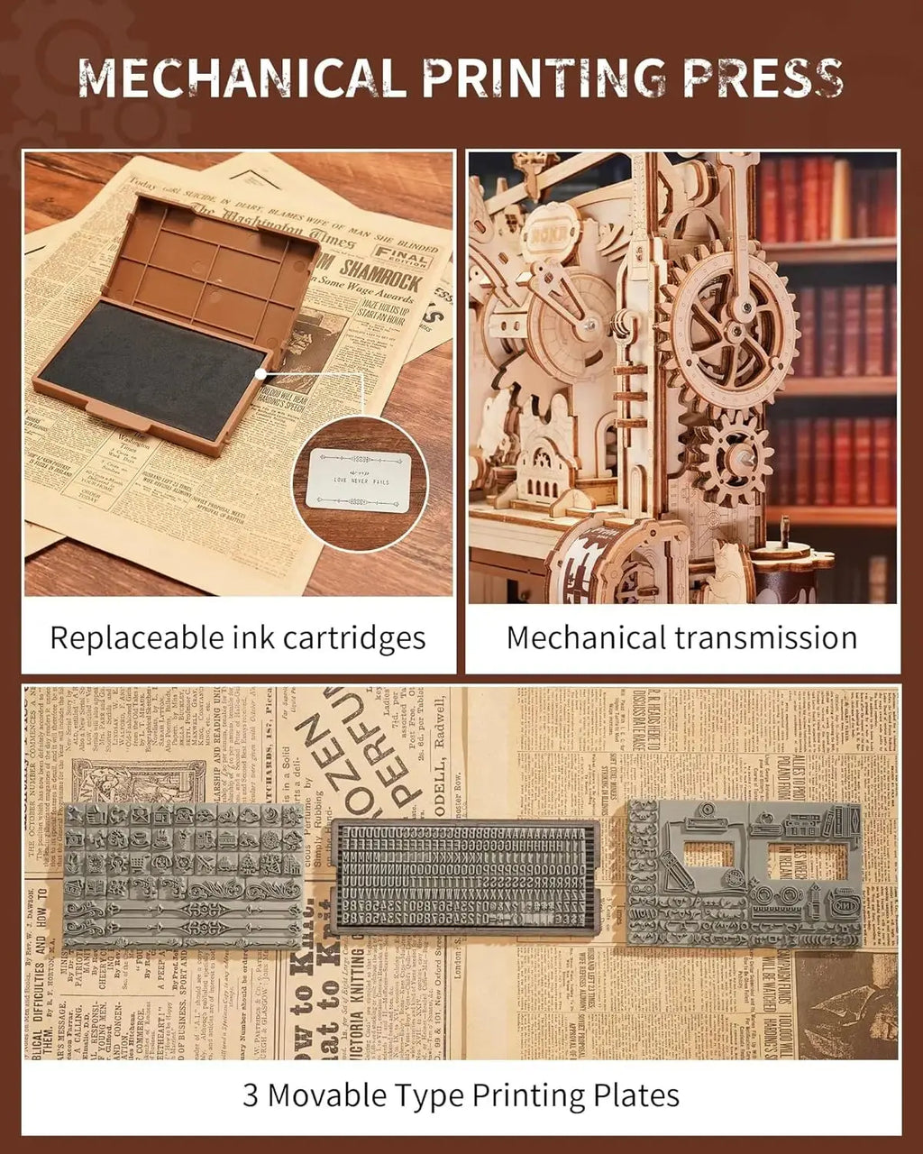 Wooden Printing Press Mechanical Gears Model Kit - Model to assemble