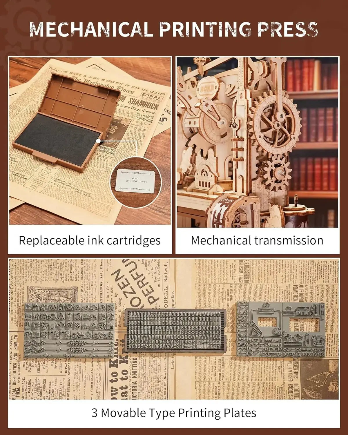 Wooden Printing Press Mechanical Gears Model Kit - Model to assemble