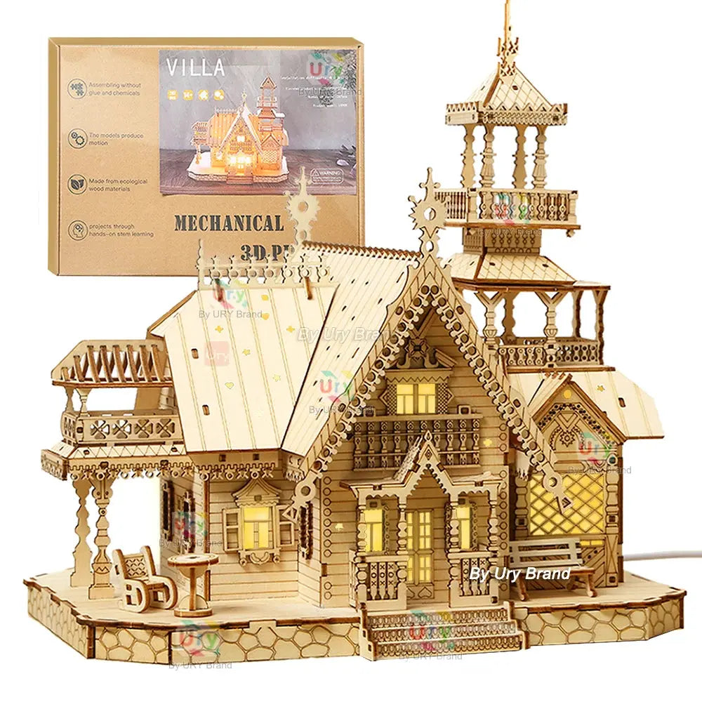 3D Wooden Puzzle Villa House Royal Castle with Light Assembly Model to assemble