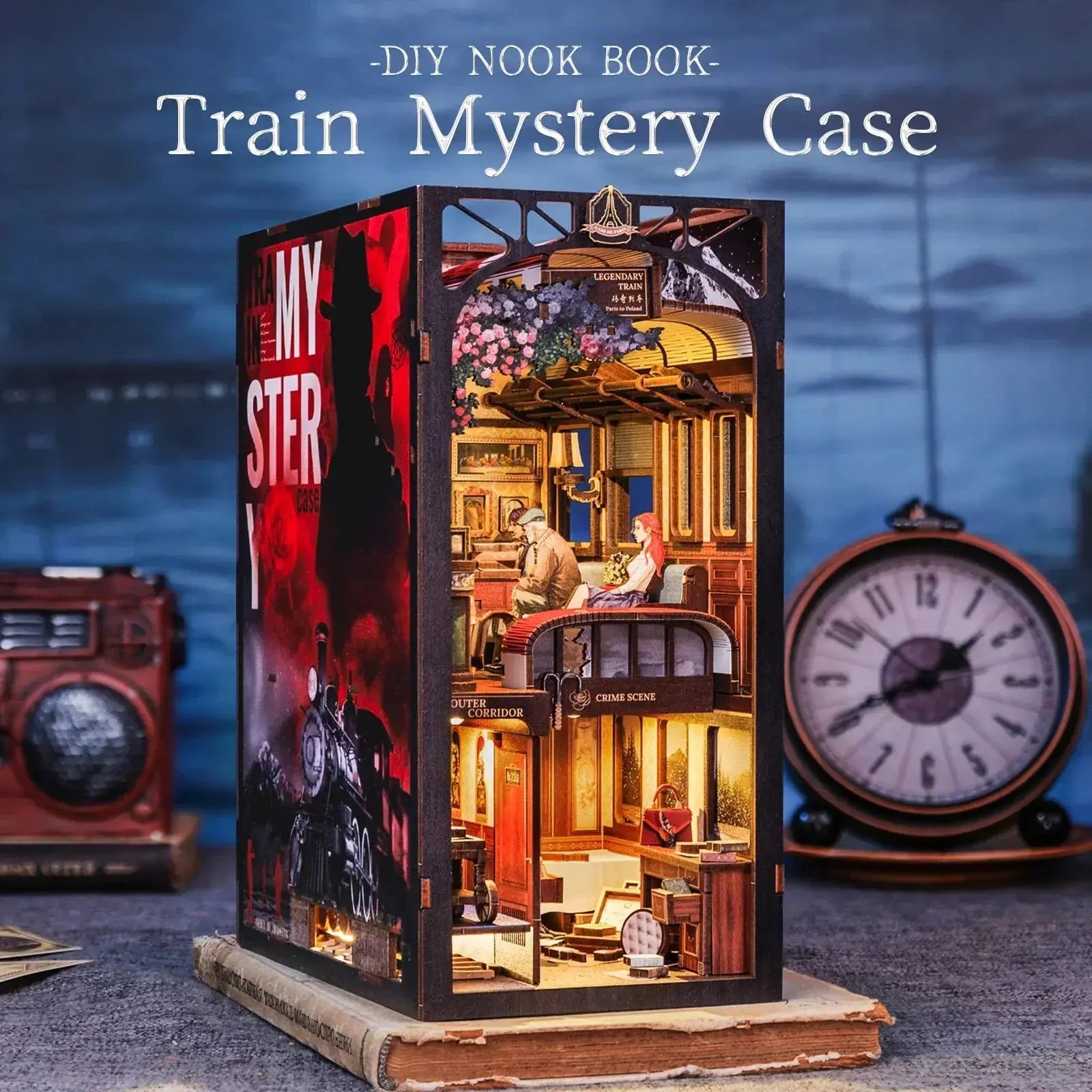 Detective, Train Mystery Wooden Dollhouse, Touch Light, Dust Cover, Bookshelf Insert, - Model to assemble