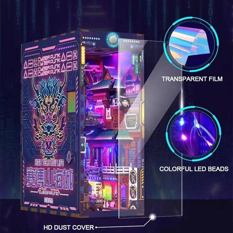 Retro Cyber City Wooden DIY Book Nook Figurines Miniature Kits Bookshelf Home Bookend Decoration For Adult Handmade Gifts Model to assemble