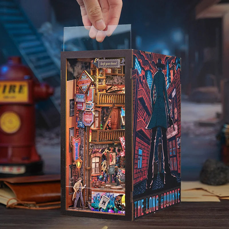 CUTEBEE DIY Dollhouse Miniature Model Book Nook Kit with Dust Cover Detective Home Decoration for Birthday Gift The Long Goodbye Model to assemble