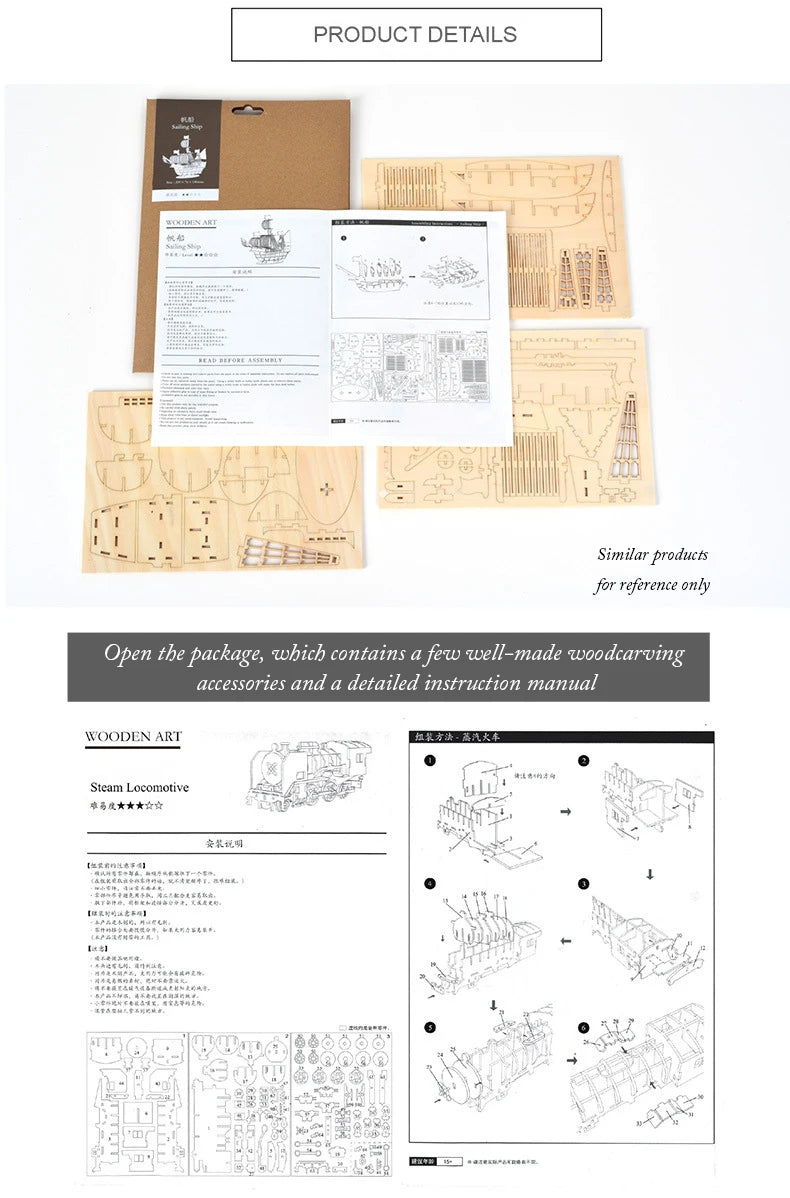 Old vehicles (Sailing Ship / Biplane / Steam Locomotive / Car) - Model to assemble