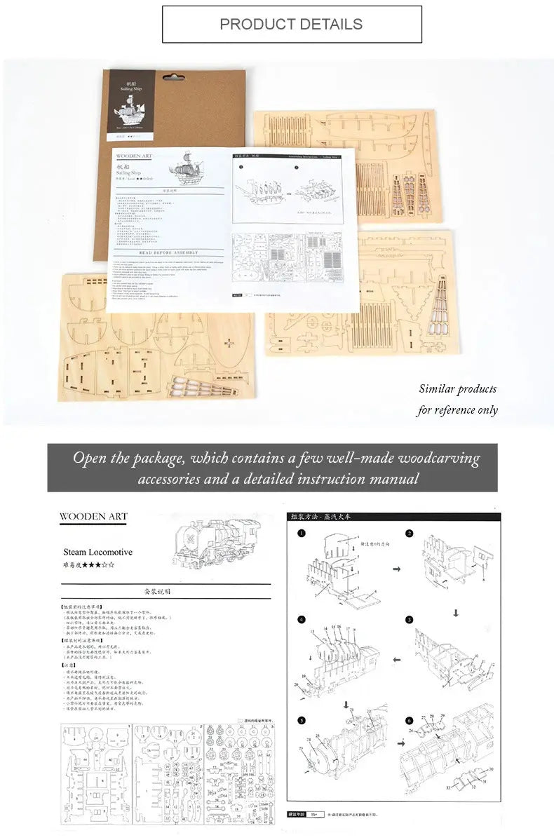 Old vehicles (Sailing Ship / Biplane / Steam Locomotive / Car) - Model to assemble