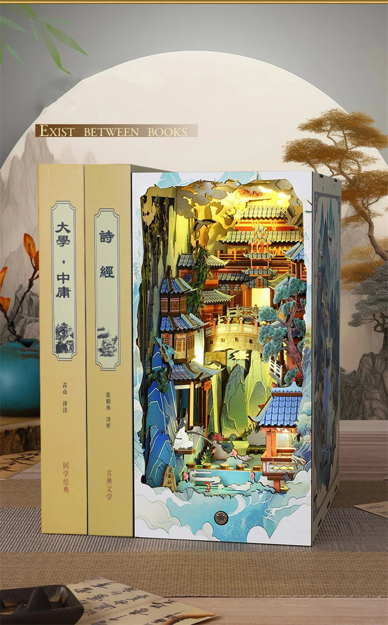 DIY Wooden Book Nook Shelf Insert Kits Miniature Model Kit Penglai Wonderland Casa Bookshelf Assembled Bookends Friends Gifts Model to assemble