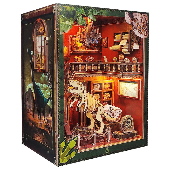 DIY Book Nook Wooden Miniature Model Kits Dinosaur Museum Casa Bookend 3D Puzzle With Light Bookshelf for Friends Birthday Gifts Model to assemble