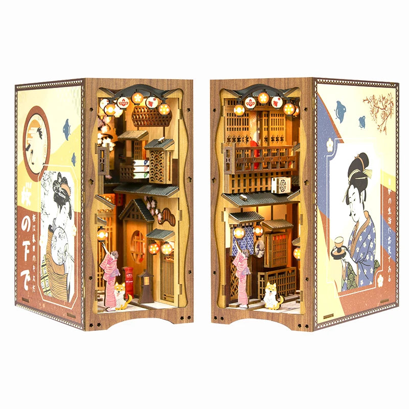 CUTEBEE DIY Book Nook Wooden Bookshelf Insert Miniature House Booknook Sakura Model Kits Collection Toy for Birthday Gifts Model to assemble