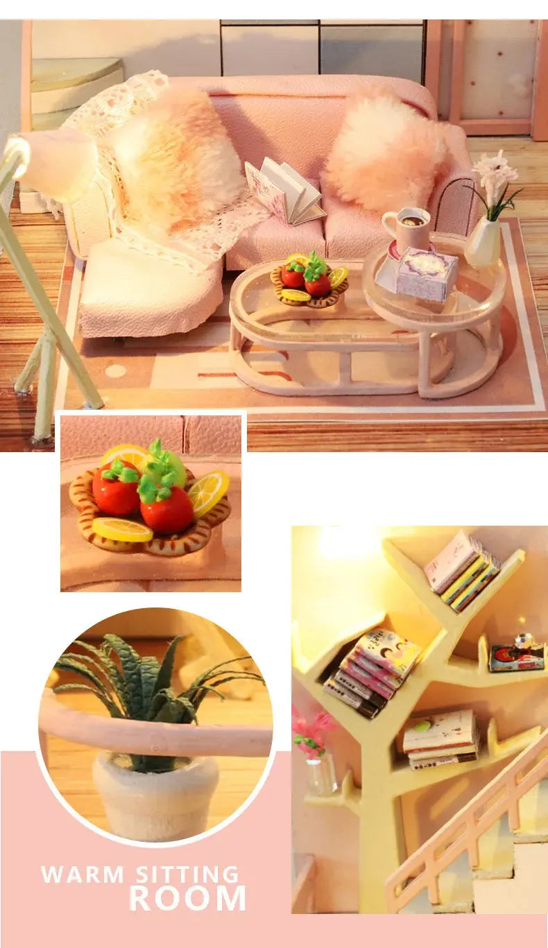 Pink Doll House With Furniture Light - Model to assemble
