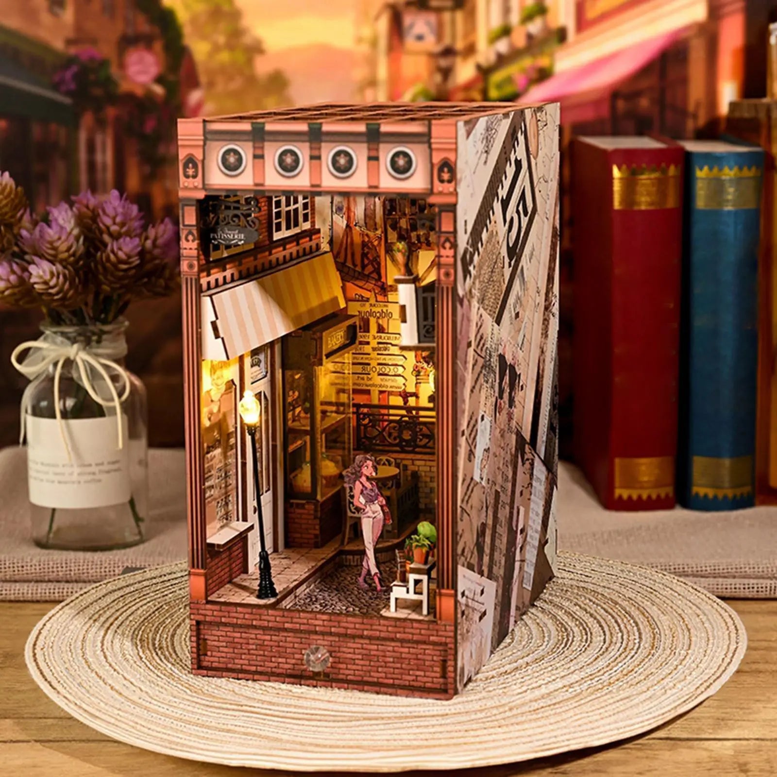 European Street DIY Book Nook Kit with LED Light – Wooden Miniature Bookshelf Insert Model to assemble